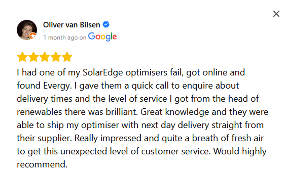 Five-star Google review from customer Oliver van Bilsen praising Evergy's fast next-day delivery and excellent customer service for a SolarEdge optimiser.